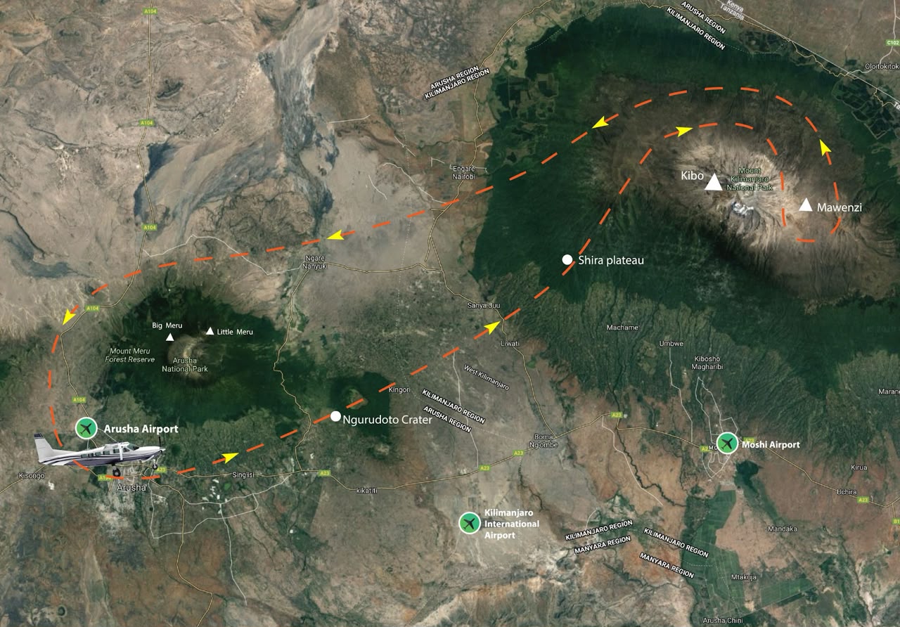 Satellite visualization of Mount Kilimanjaro flight path.
