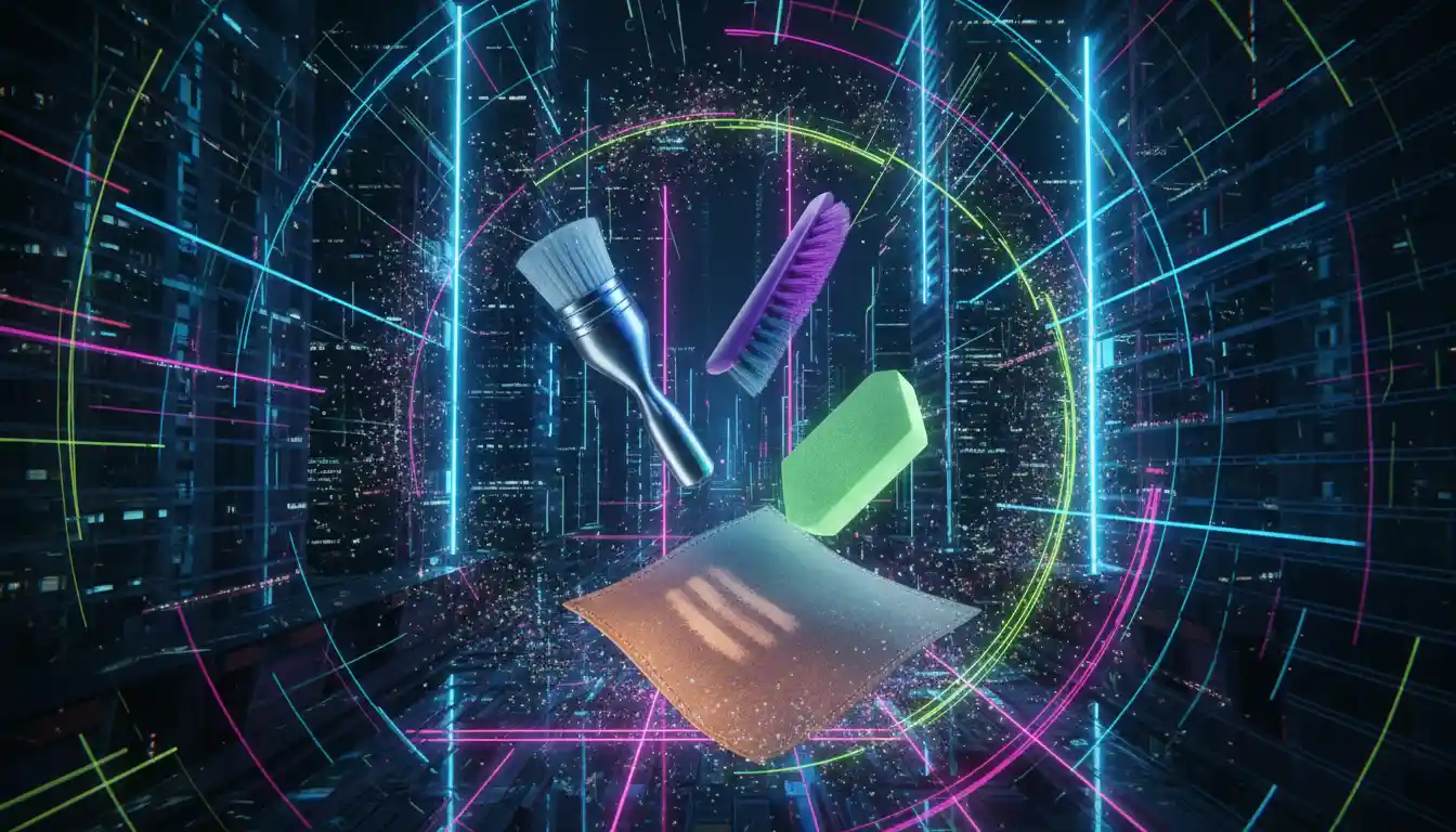 A professional set of leather cleaning brushes and tools.