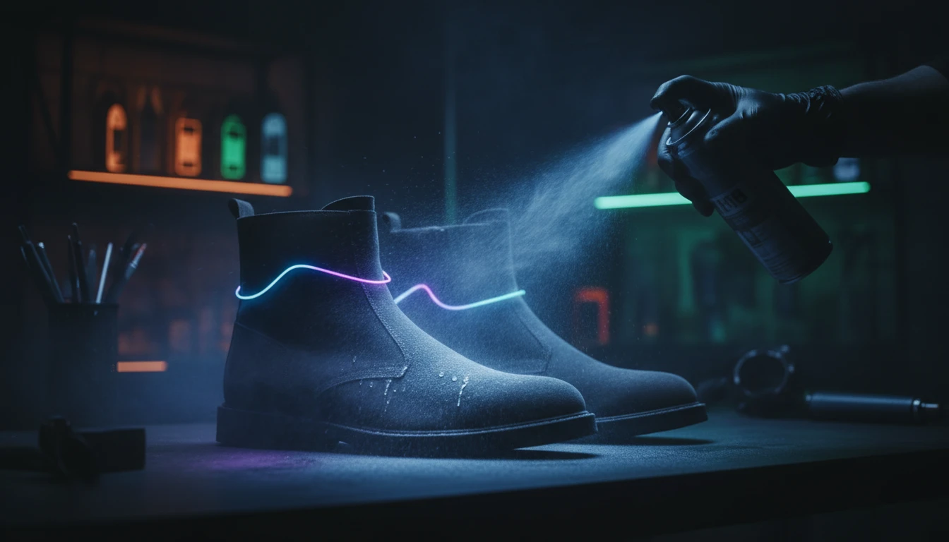 A person applying a waterproofing spray to a pair of nubuck leather boots.