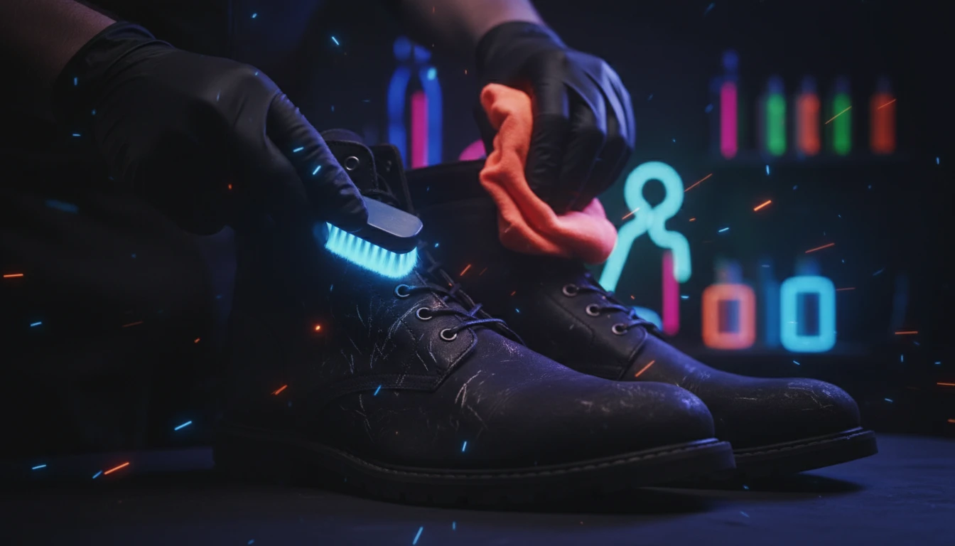 A close-up of a well-worn nubuck leather boot showing its texture and character.
