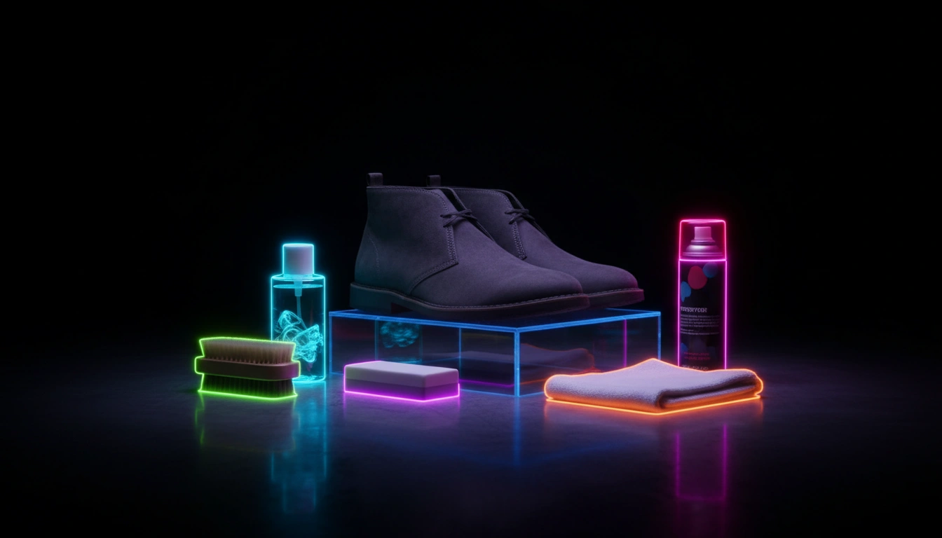 A person carefully brushing a pair of nubuck leather boots to clean them.