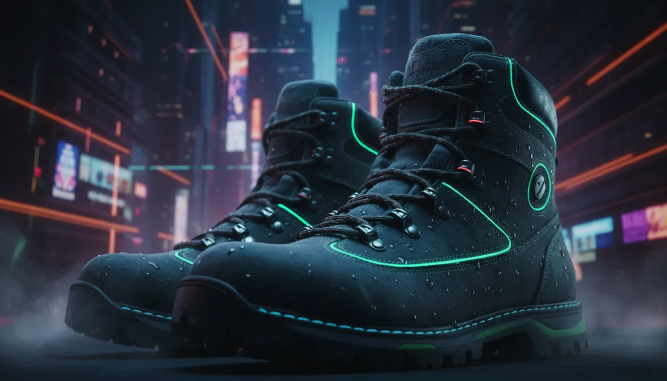 A pair of rugged nubuck hiking boots on a rocky surface.