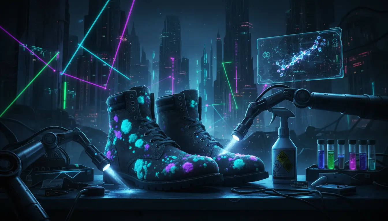 A pair of nubuck boots showing signs of mold, with cleaning tools nearby.