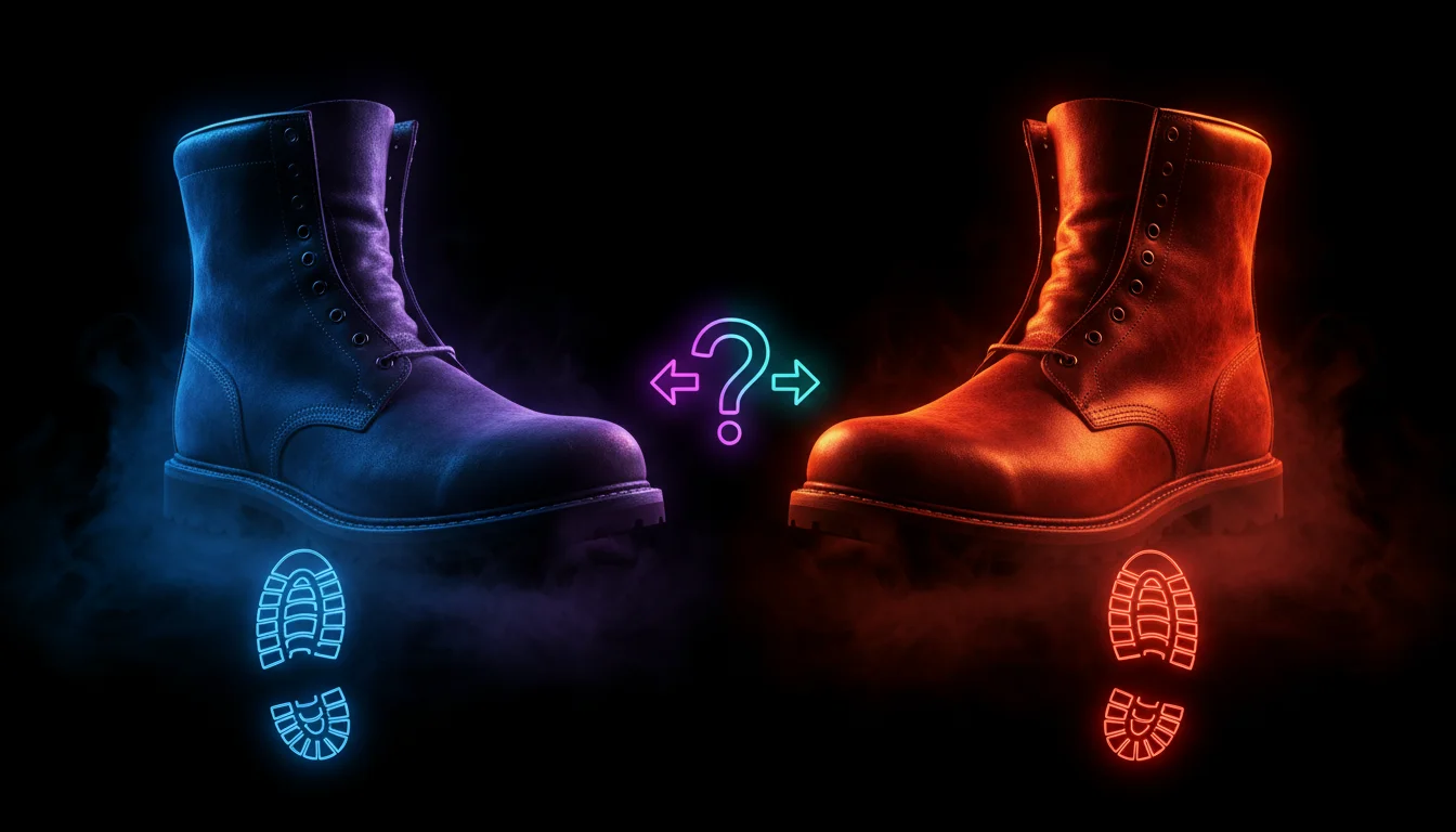 A close-up shot of a rugged, well-worn full grain leather boot next to a newer, velvety nubuck boot.