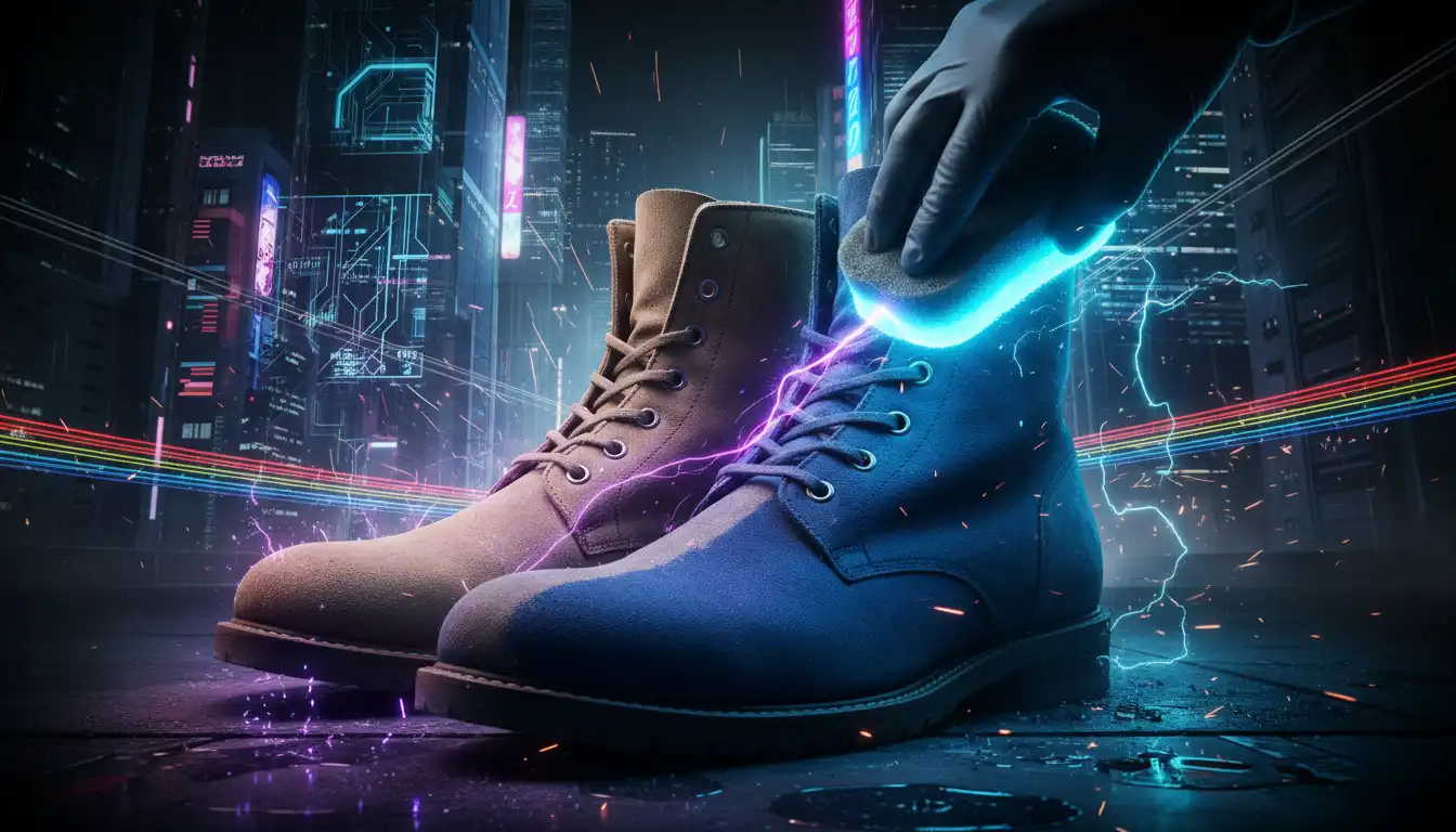 A craftsman applying dye to a piece of leather with a dauber.