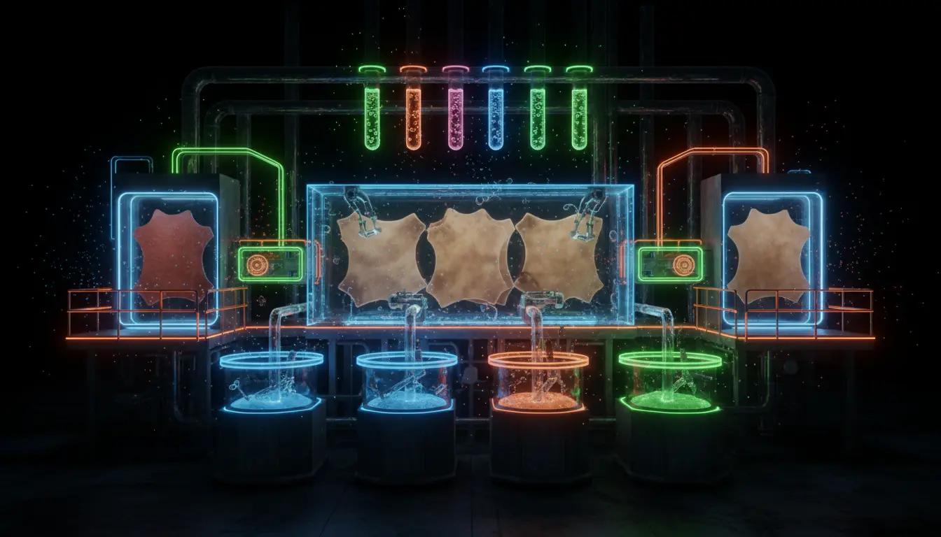 A close-up of an industrial leather processing machine, highlighting the rollers and gears used in tanning.