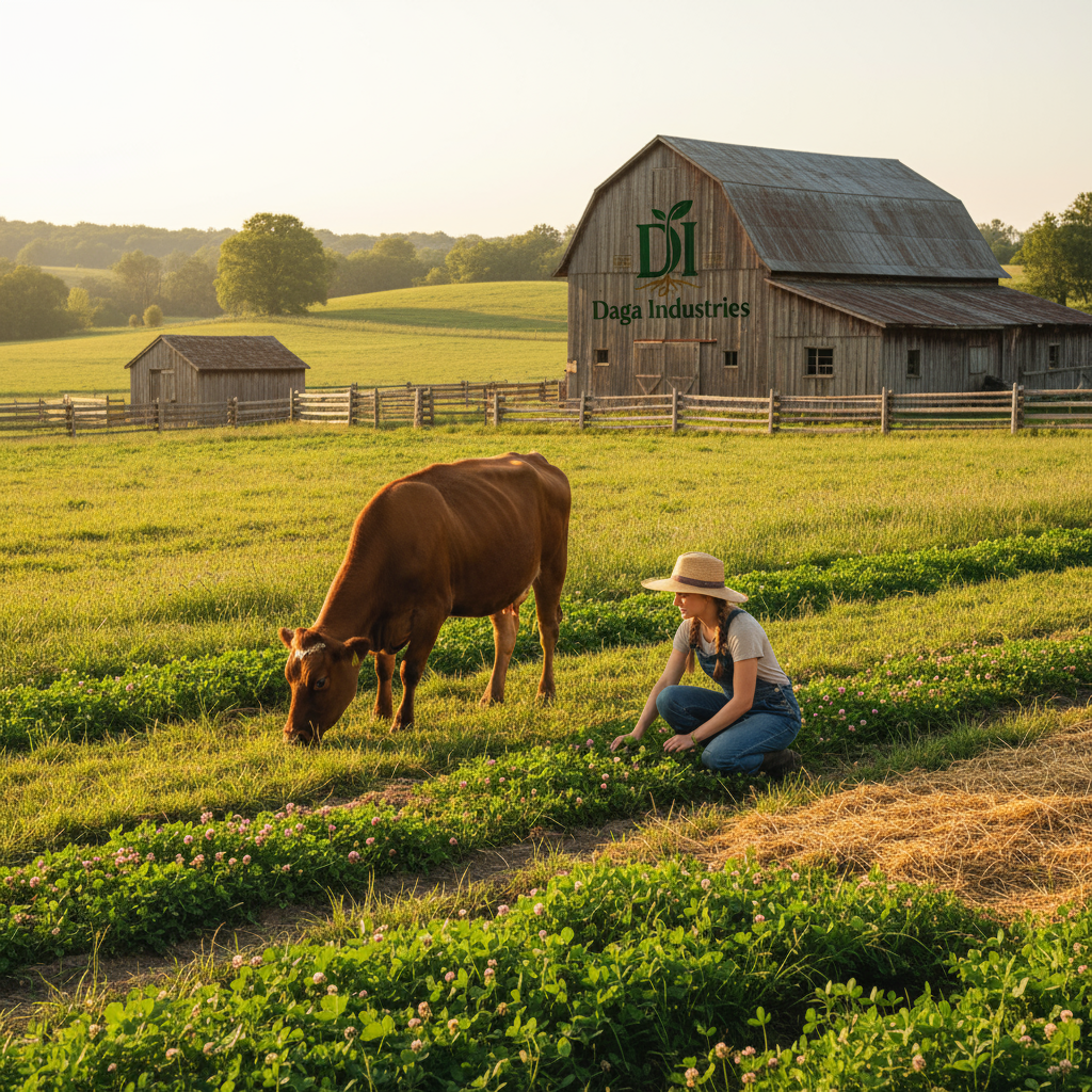 A woman tending to a cow in a green field, representing care and connection to agriculture.