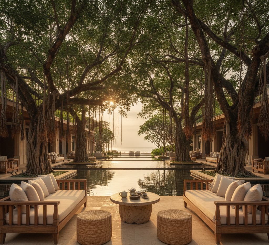 Luxurious hotel lobby with high ceilings and modern furniture.