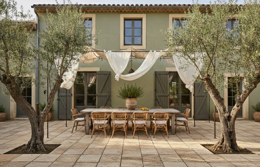 A sun-drenched living room with rustic stone walls and a view of the lavender fields in Provence.