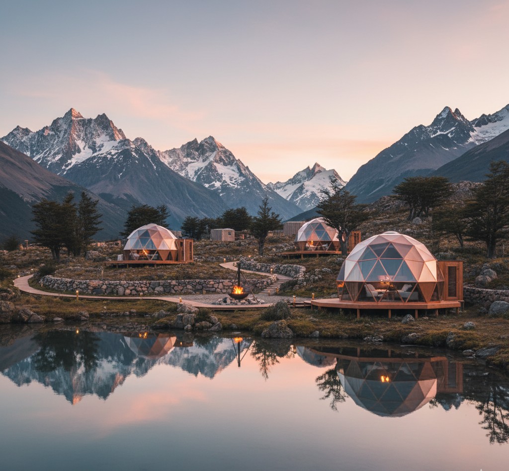 A modern cabin with large windows overlooking a lake in Patagonia.