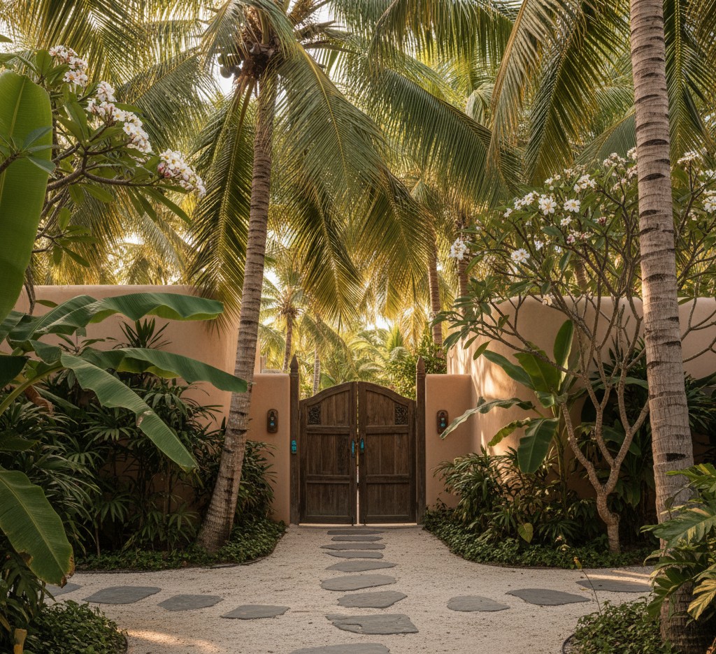 A lush, green sanctuary with earthen architecture nestled among coconut groves in Bali, with views of mountains and rice fields.