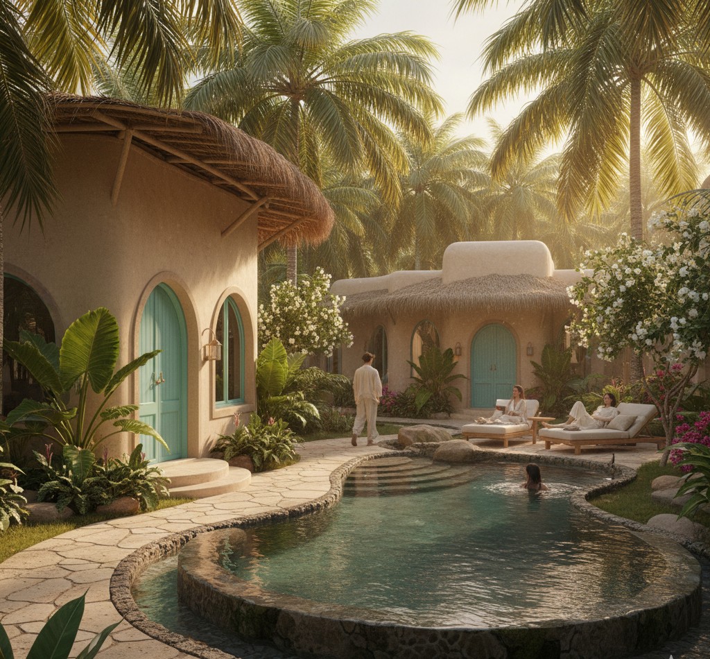 An image showcasing the tranquil and natural architecture of The Secret Garden retreat.