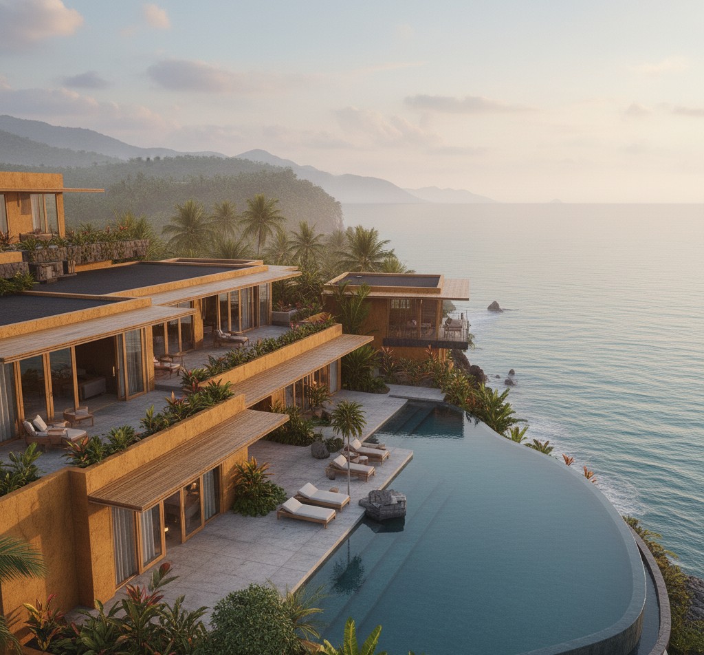 A modern earthen villa on a cliff overlooking the ocean.