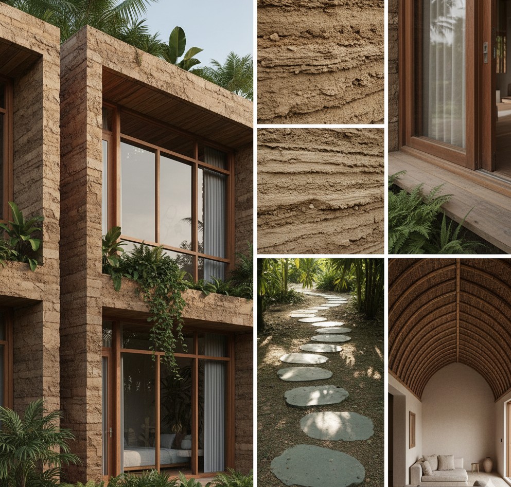 Elegant architectural master plan visualization of a terraced cliffside resort in Bali showing distinct functional zones: reception pavilion at top, restaurant/pool at mid-level, spa and yoga pavilion near sea, and terraced villas cascading down. Rendered in warm earth tones, simple minimalist graphic style.