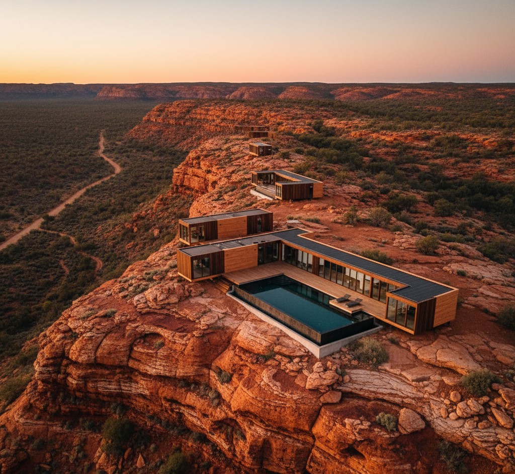 A luxury safari tent with a view of the rugged Kimberley landscape.