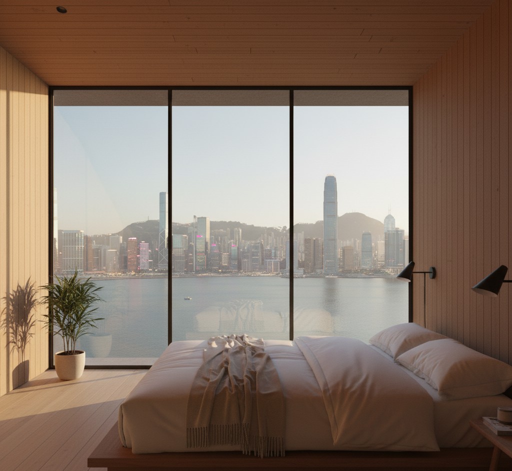 An elegant, cinematic shot showing the interior of an Alaṅö Habitat with a person looking out at a stunning natural landscape, symbolizing partnership and future vision.