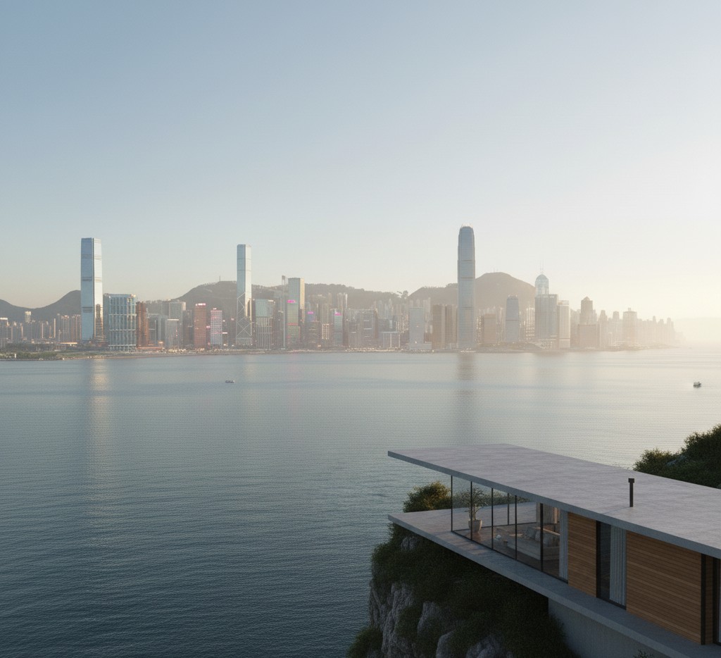 Hero render of the Alaṅö Habitat immersed in nature with soft morning light.