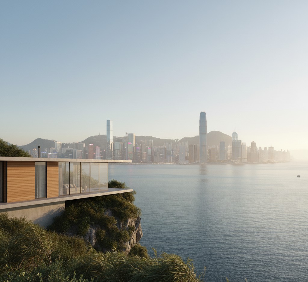 A cinematic, photorealistic render of an Alaṅö Habitat interior at golden hour.