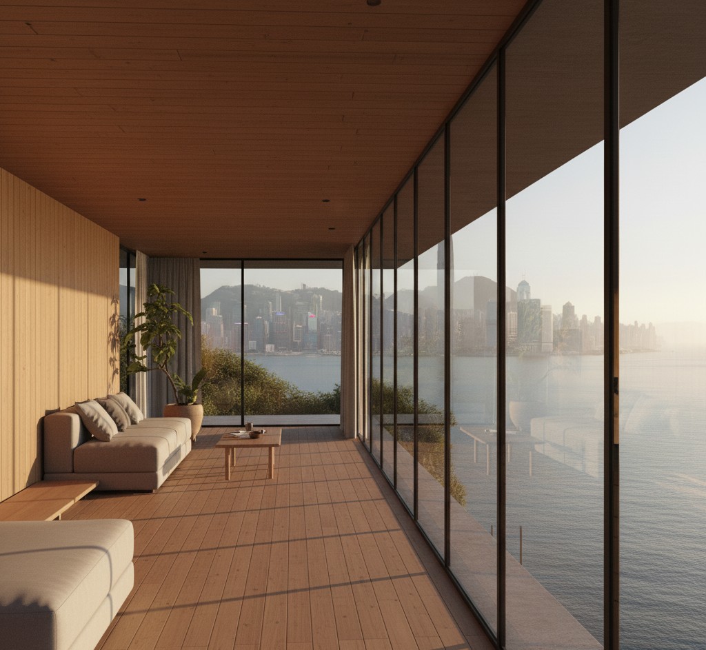 A wide, cinematic, photorealistic shot of an Alaṅö Habitat against a backdrop of a futuristic Hong Kong skyline at dusk. The Habitat, glowing warmly, is nestled in a serene, natural landscape overlooking the illuminated city. The scene balances high-tech urbanism with natural tranquility, creating a sense of an iconic cultural moment.