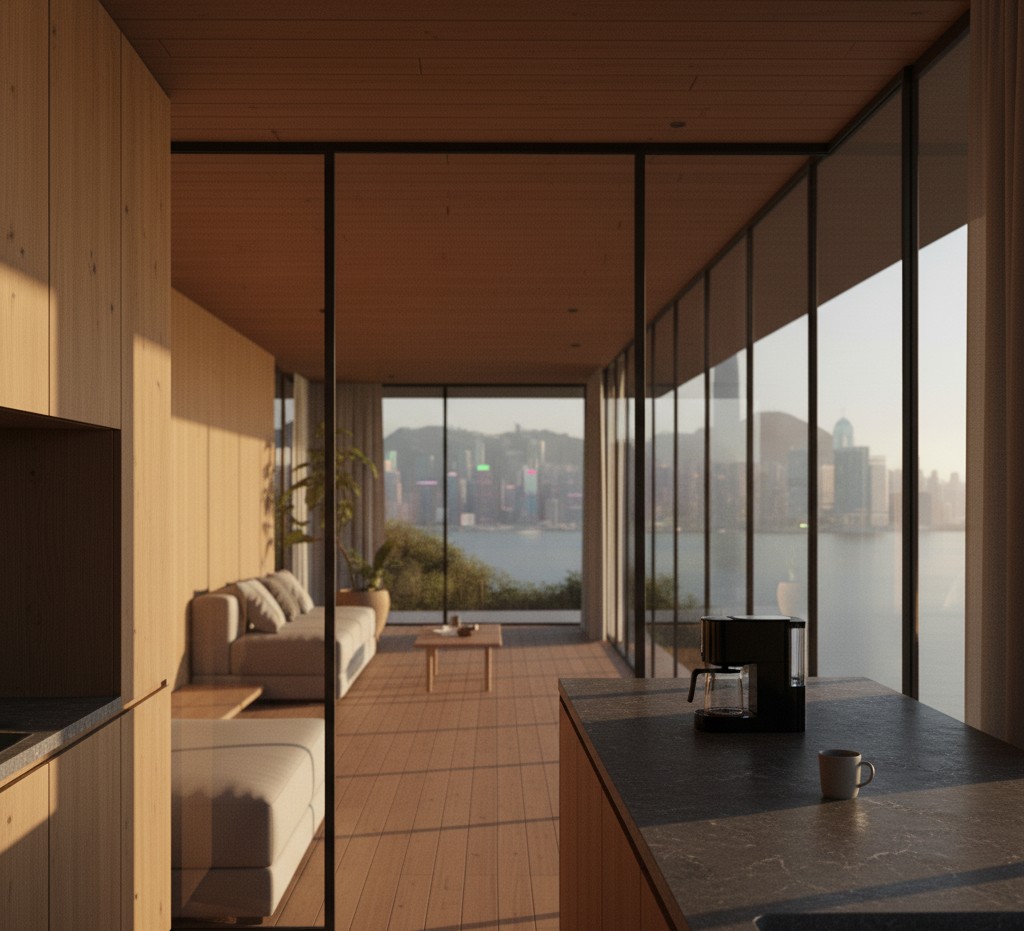 A minimal, sophisticated composition showing the corner of a modern building against a clean sky. Abstract, elegant, and architectural.