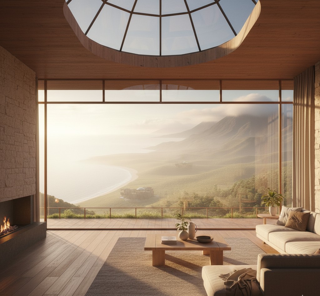A warm-lit interior view from inside an Alaṅö Habitat, looking out to a sweeping natural vista (ocean, mountains, or forest). Minimal furnishings, natural textures, floor-to-ceiling glass, soft shadows. Symbolizes “first access” and emotional alignment.