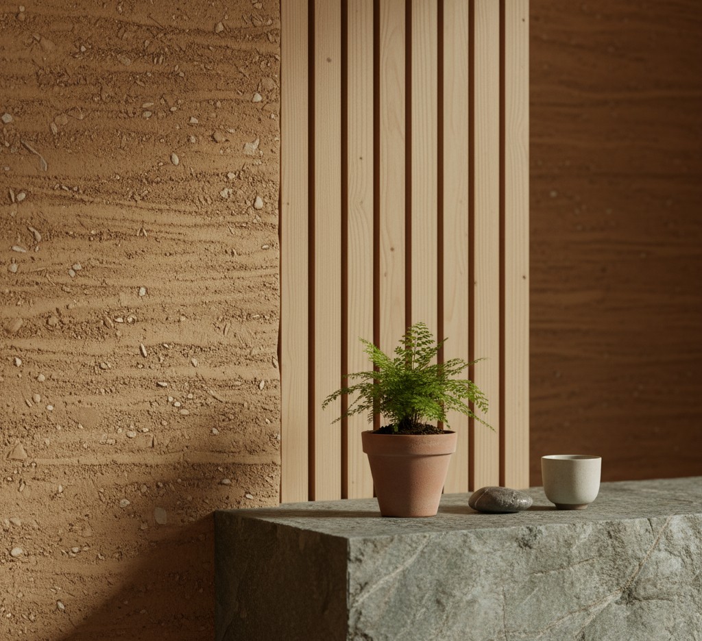 A minimalist, calming still-life composition: natural materials (rammed earth, timber, stone), soft indirect light, a small plant, and subtle architectural lines. Symbolizes clarity and simplicity.