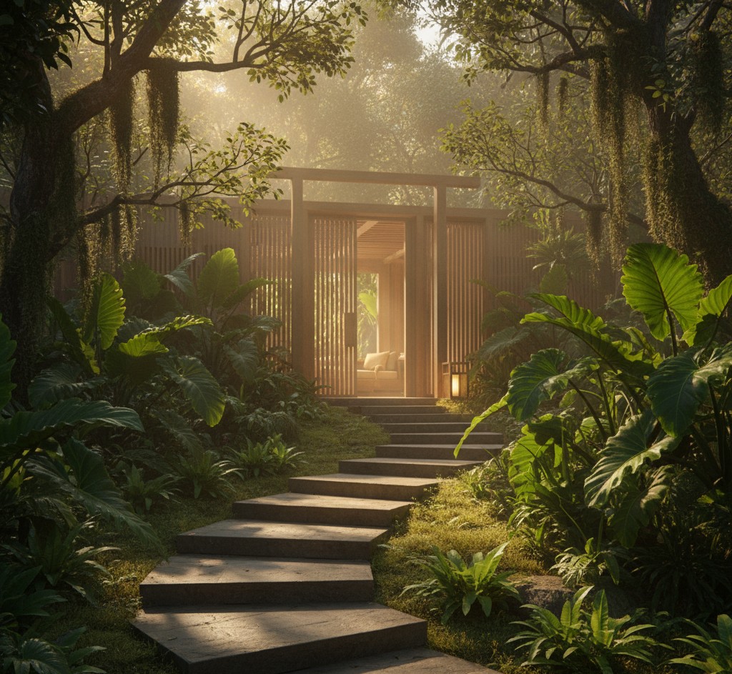 A serene close-up shot of an Alaṅö Habitat entry path: stone steps, tropical understory plants, soft warm light, and an inviting doorway. Symbolic of stepping into the ecosystem. Photorealistic, detailed, calming.