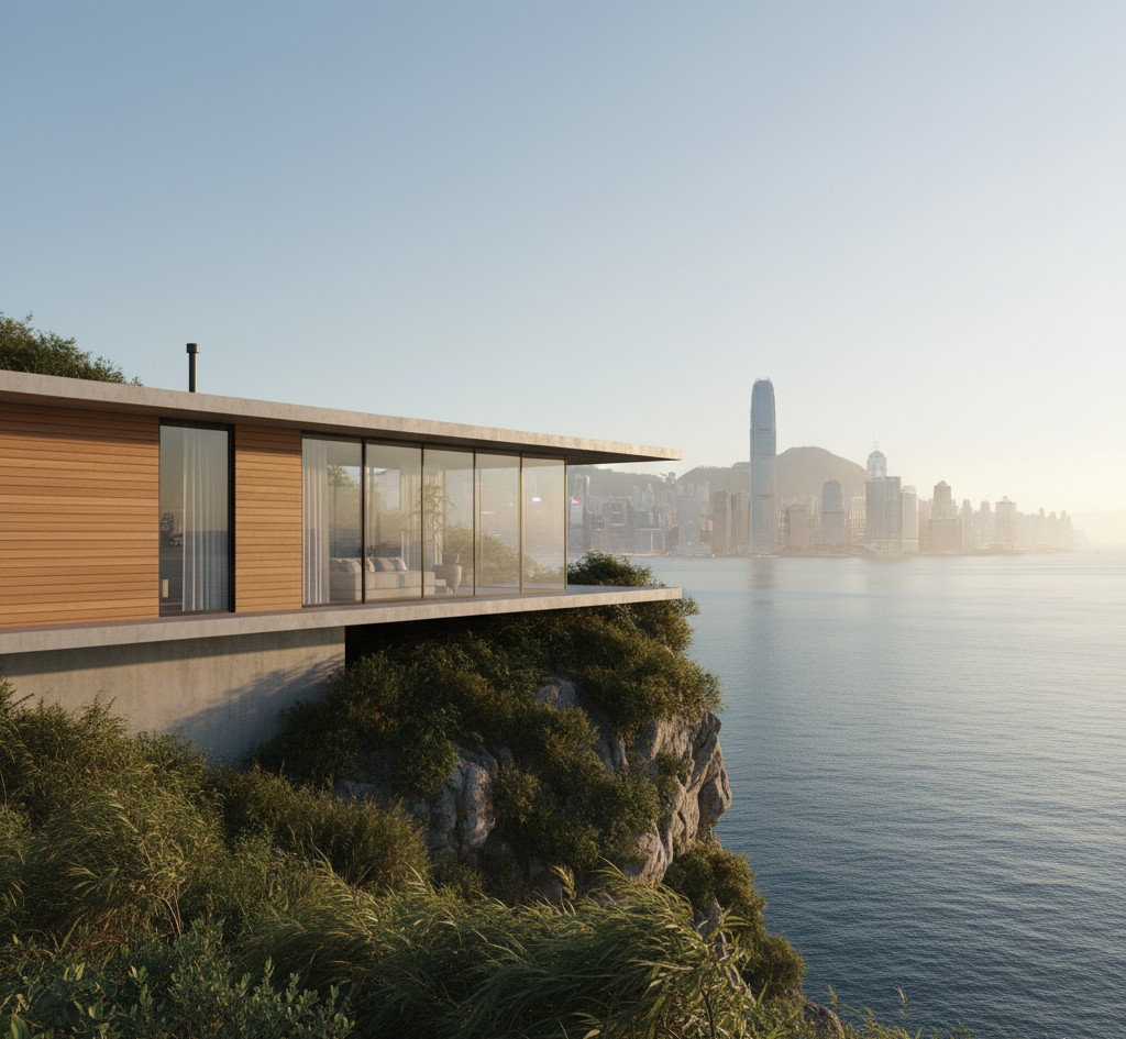 A cinematic shot of a modern prototype home in Hong Kong, with sunrise lighting.
