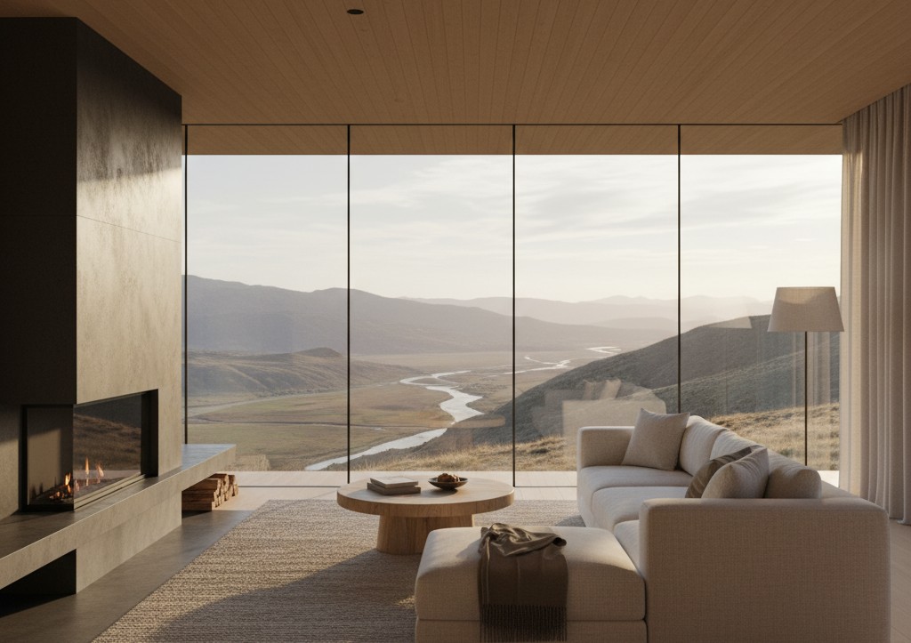 A modular home seamlessly integrated into a lush, misty natural environment.