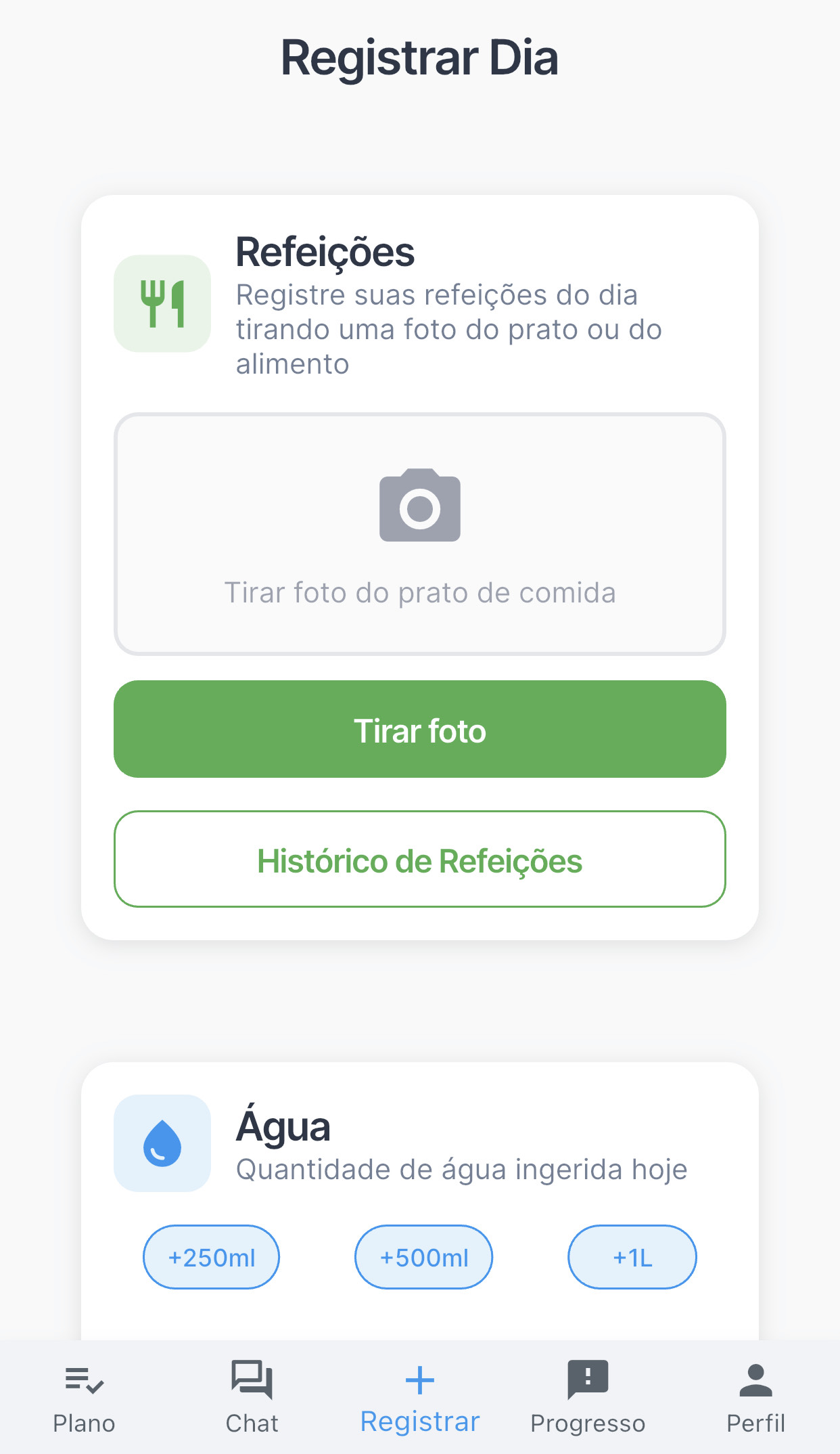 A tela de registro de refeições do aplicativo Bempleni, com opções para tirar foto da comida.