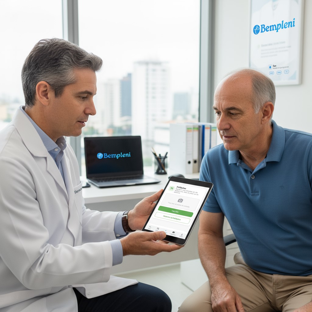 Médico mostrando aplicativo de saúde para paciente homem em um consultório.