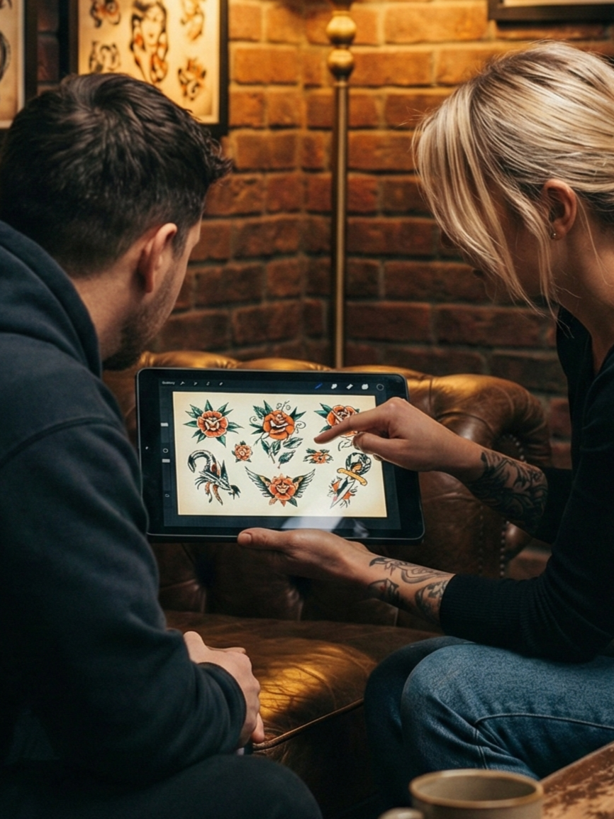 Tatérka konzultuje návrh s klientem v příjemném prostředí studia.