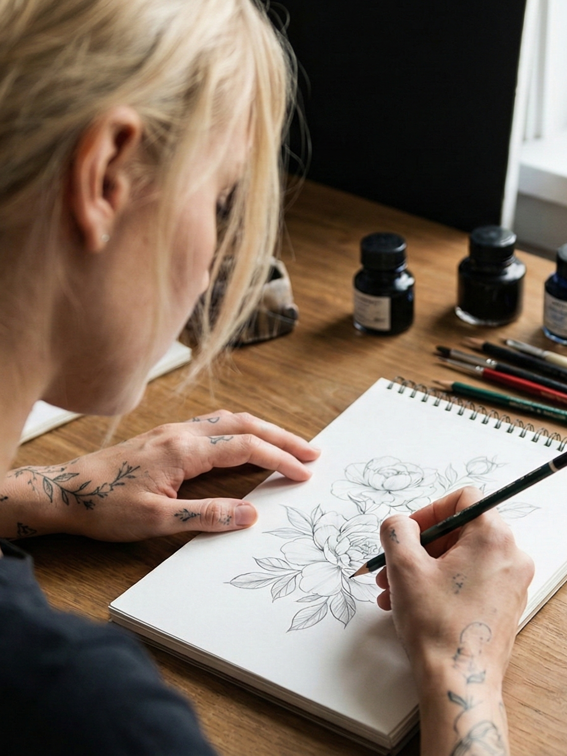 Osoba kreslí návrh tetování na tablet.