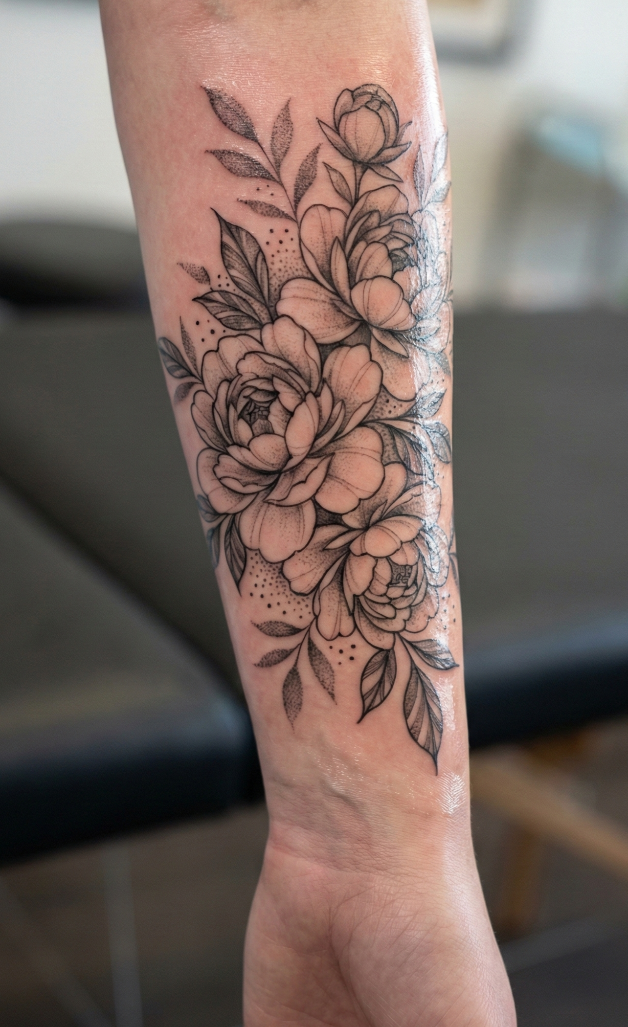 Tatér aplikuje tetování na paži klienta.