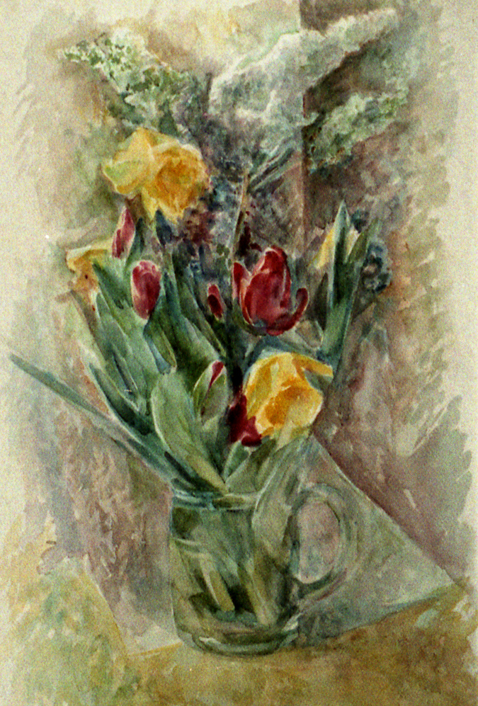 Voorjaarsbloemen in glazen vaas