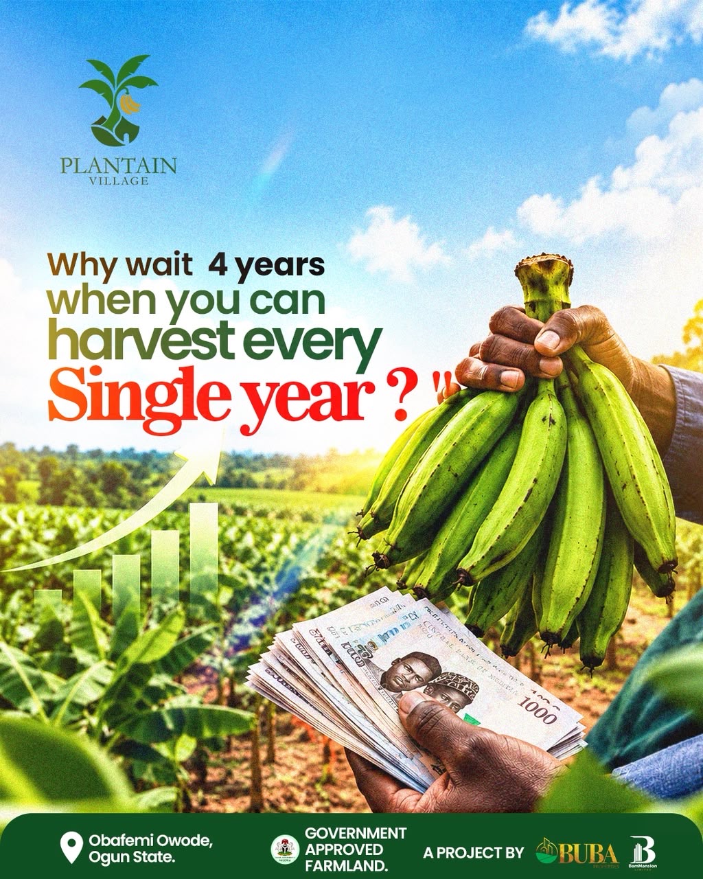 Traditional land banking asks you to lock your capital away and wait a decade just to see value.  Plantain Village changes the rules. You buy 1 acre for 3.5 million Naira, and in just 1 year, your investment starts generating a recurring annual return of 1 to 4 million Naira-for as long as the plantain keeps producing.   That's smart agro-real estate, Isn’t it??
