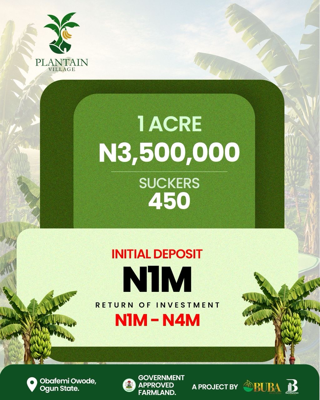 Traditional land banking asks you to lock your capital away and wait a decade just to see value.  Plantain Village changes the rules. You buy 1 acre for 3.5 million Naira, and in just 1 year, your investment starts generating a recurring annual return of 1 to 4 million Naira-for as long as the plantain keeps producing.   That's smart agro-real estate, Isn’t it??