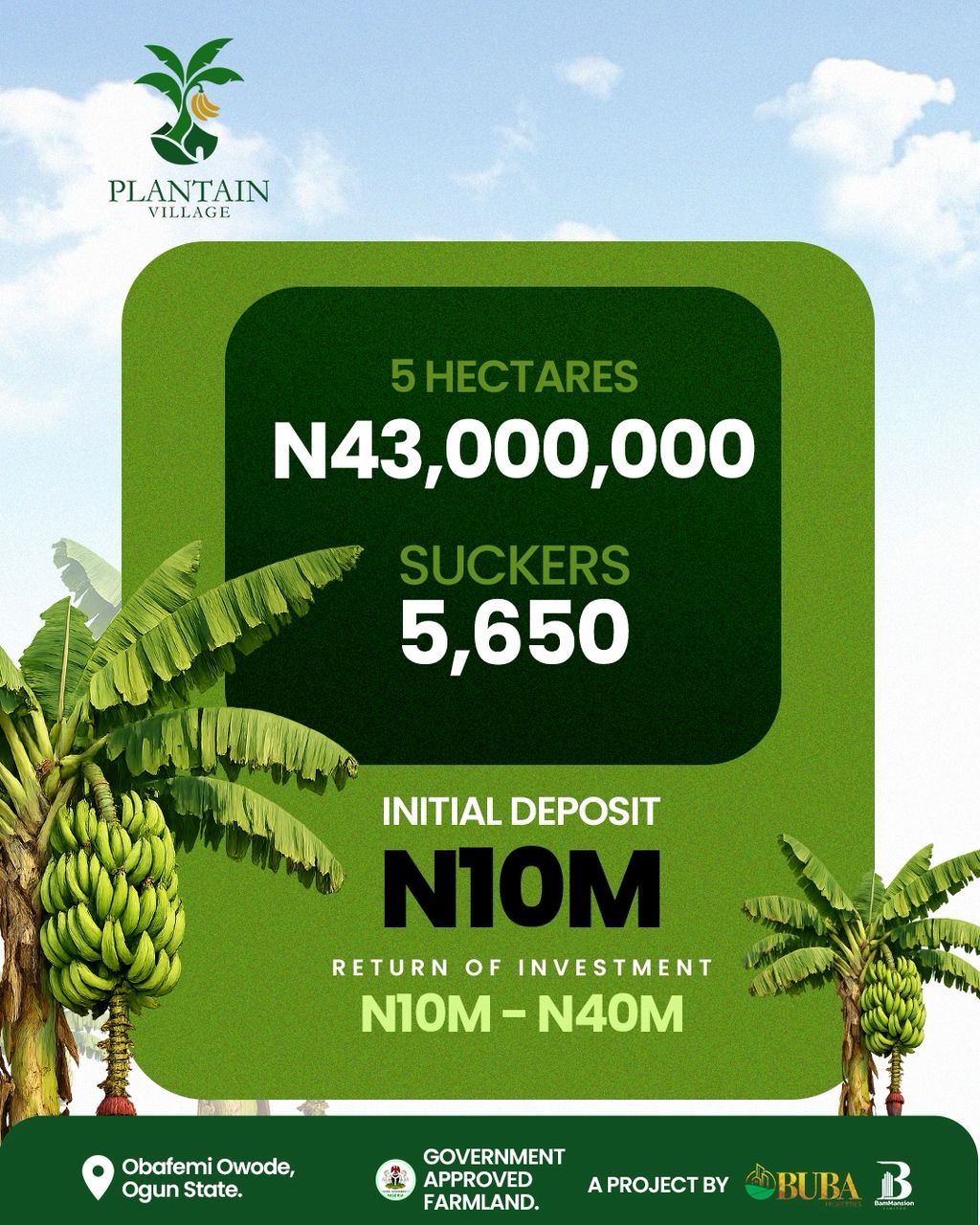 Traditional land banking asks you to lock your capital away and wait a decade just to see value.  Plantain Village changes the rules. You buy 1 acre for 3.5 million Naira, and in just 1 year, your investment starts generating a recurring annual return of 1 to 4 million Naira-for as long as the plantain keeps producing.   That's smart agro-real estate, Isn’t it??