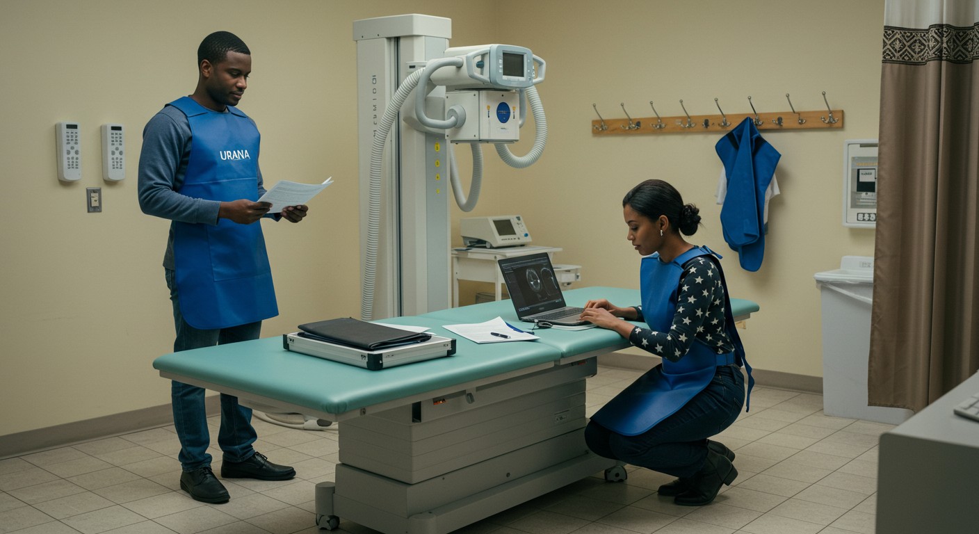 A URANA consultant performing a radiation safety survey with a detector in a Ugandan medical facility.