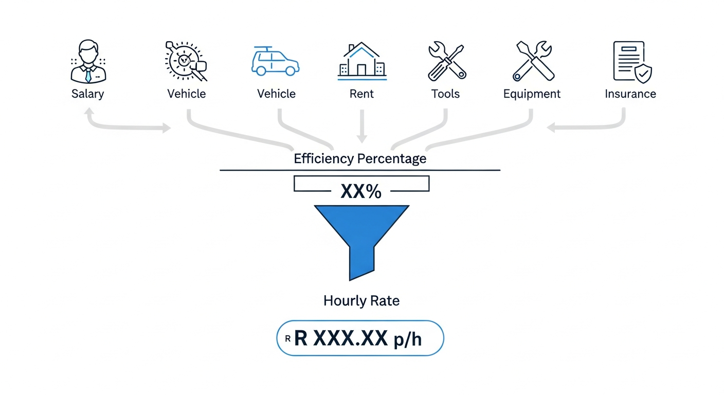 Infographic showing plumbing business overhead categories flowing through a billable efficiency calculation to produce an hourly rate in Rands