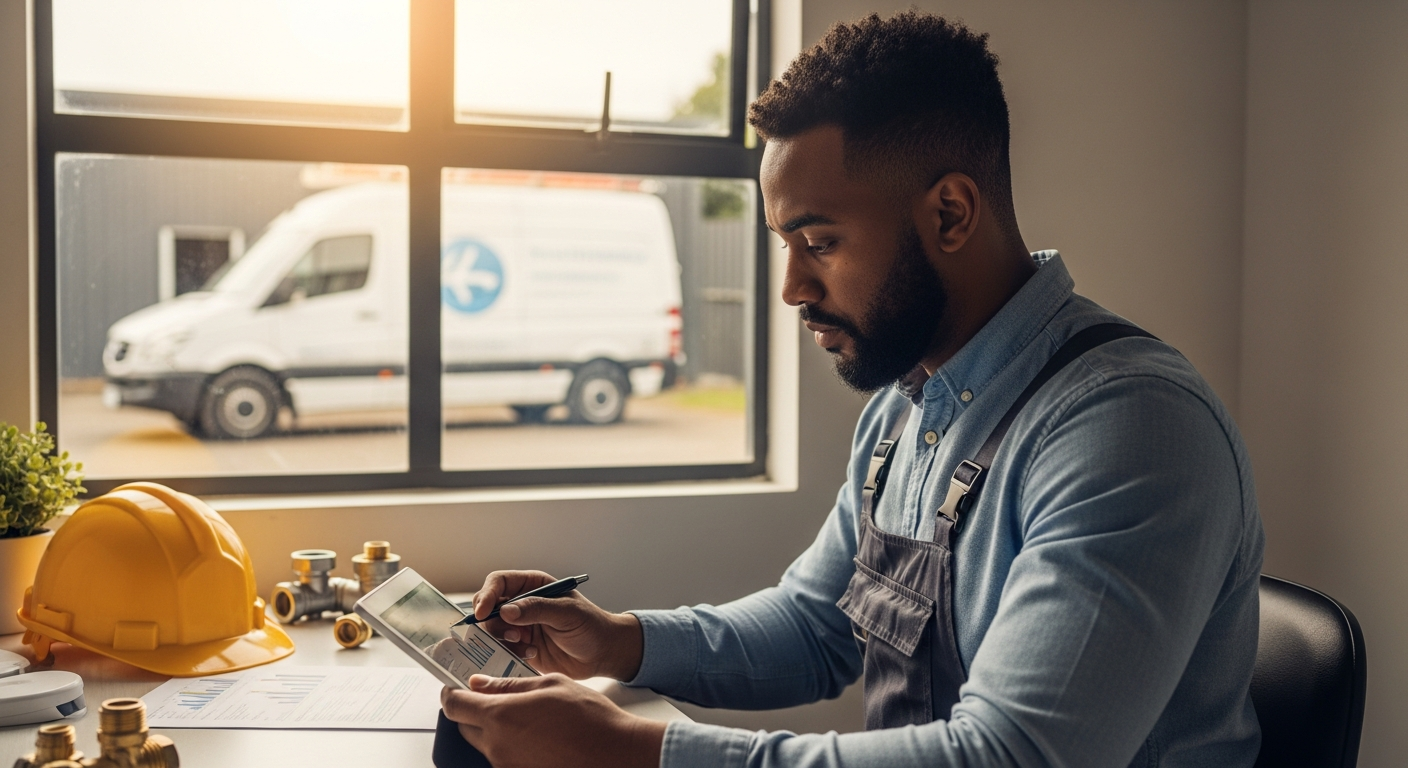 South African plumbing business owner reviewing overhead costs on a tablet in his workshop office with a service van visible outside