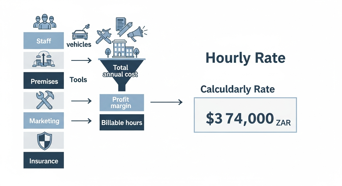 Infographic showing how plumbing business costs flow into the hourly rate calculation formula with profit margin and billable hours