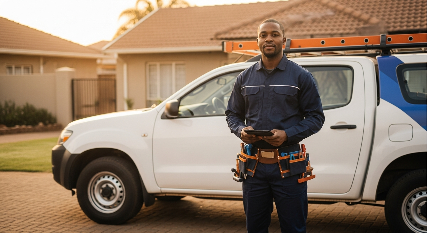 South African plumber standing beside a service vehicle in a Johannesburg suburb, representing professional plumbing business ownership