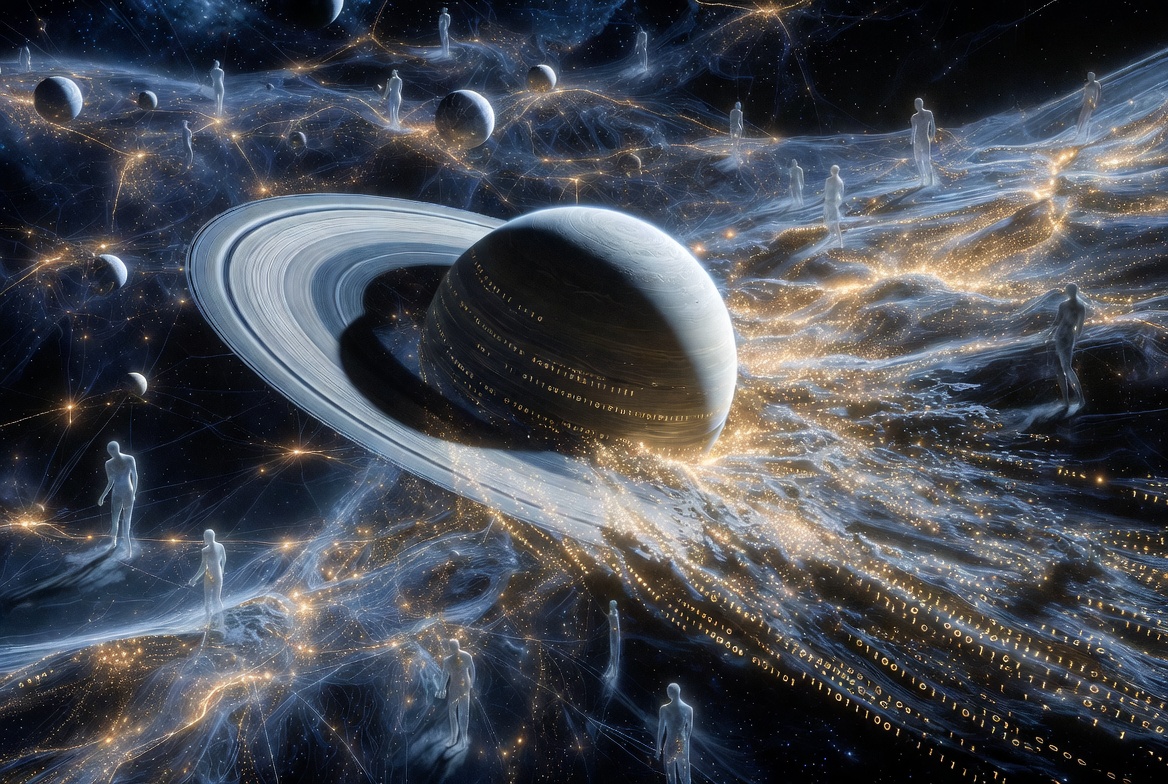 [Representación artística de Saturno rodeado por una red de geometría sagrada y partículas cuánticas brillantes, simbolizando la unión entre la estructura cósmica y el campo de infinitas posibilidades]