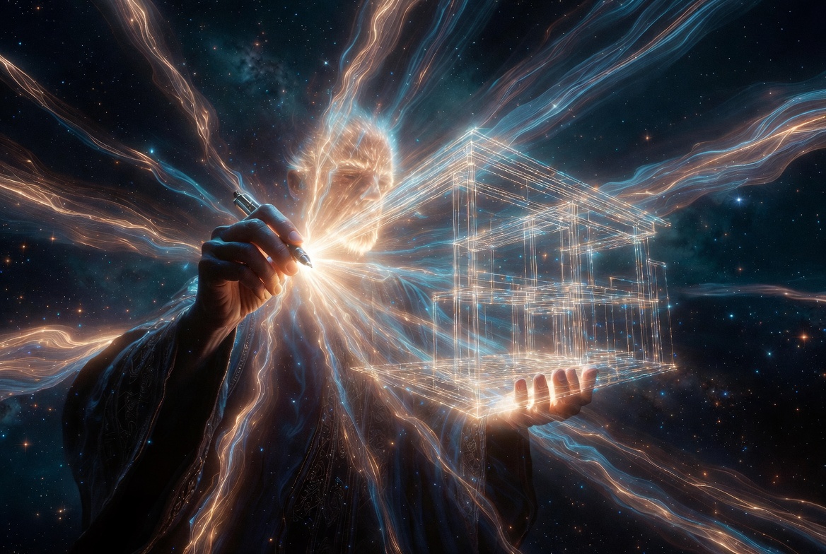 [Un arquitecto visionario dibujando planos de luz que flotan en el espacio estelar, simbolizando la construcción de una nueva realidad mediante la intención enfocada]