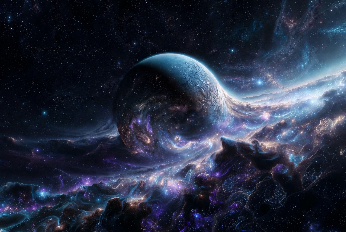 A surreal and ethereal cosmic landscape featuring the planet Neptune dissolving into a swirling ocean of stars and bioluminescent nebulae. The scene represents the blurring of boundaries between the physical and spiritual realms, with soft, glowing fractals and a deep indigo and violet color palette, cinematic lighting, ultra-high definition.