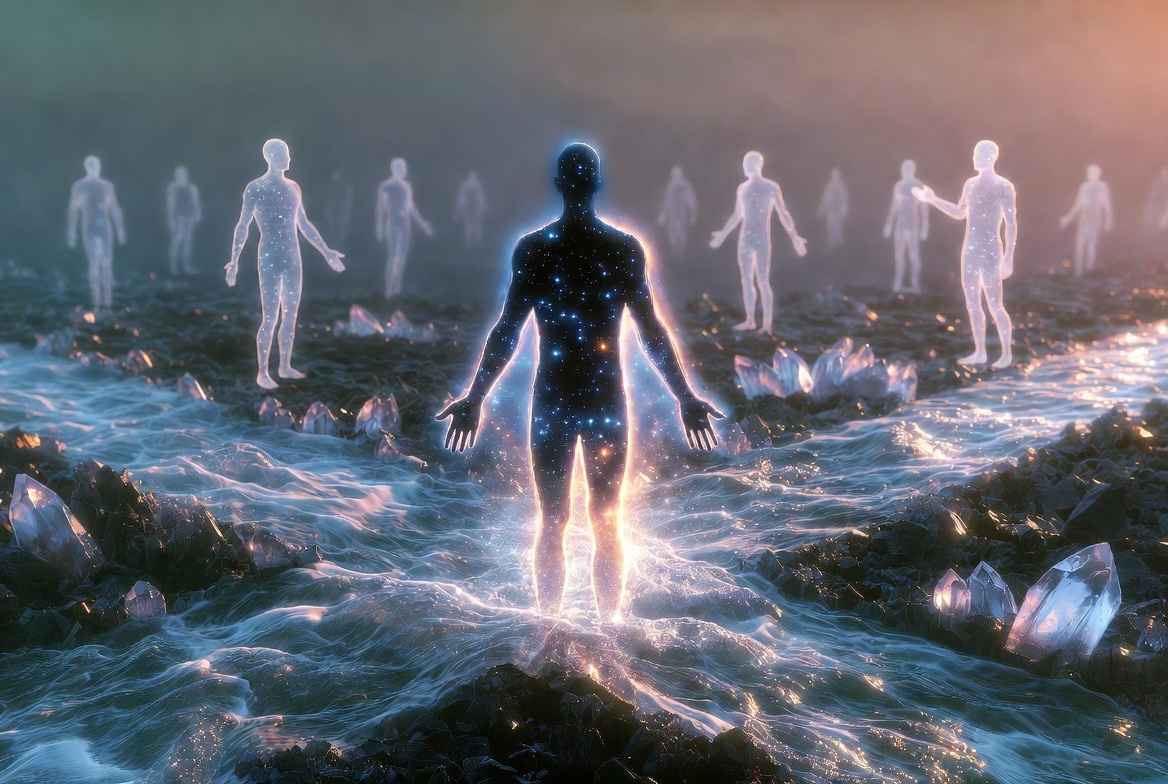 An artistic representation of a human silhouette made of stars and light, standing at a crossroads where the paths are made of flowing water and crystalline structures. The background shows multiple translucent versions of the same person engaged in different activities, symbolizing quantum superposition and infinite potential, dreamlike atmosphere, soft focus.