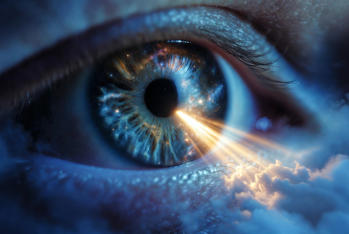 A close-up of a human eye where the iris is a swirling galaxy. A beam of golden light emerges from the pupil, cutting through a thick blue mist to reveal a clear, beautiful landscape on the other side. This illustrates the power of the conscious observer to manifest reality through intuition, high contrast, surrealist style.