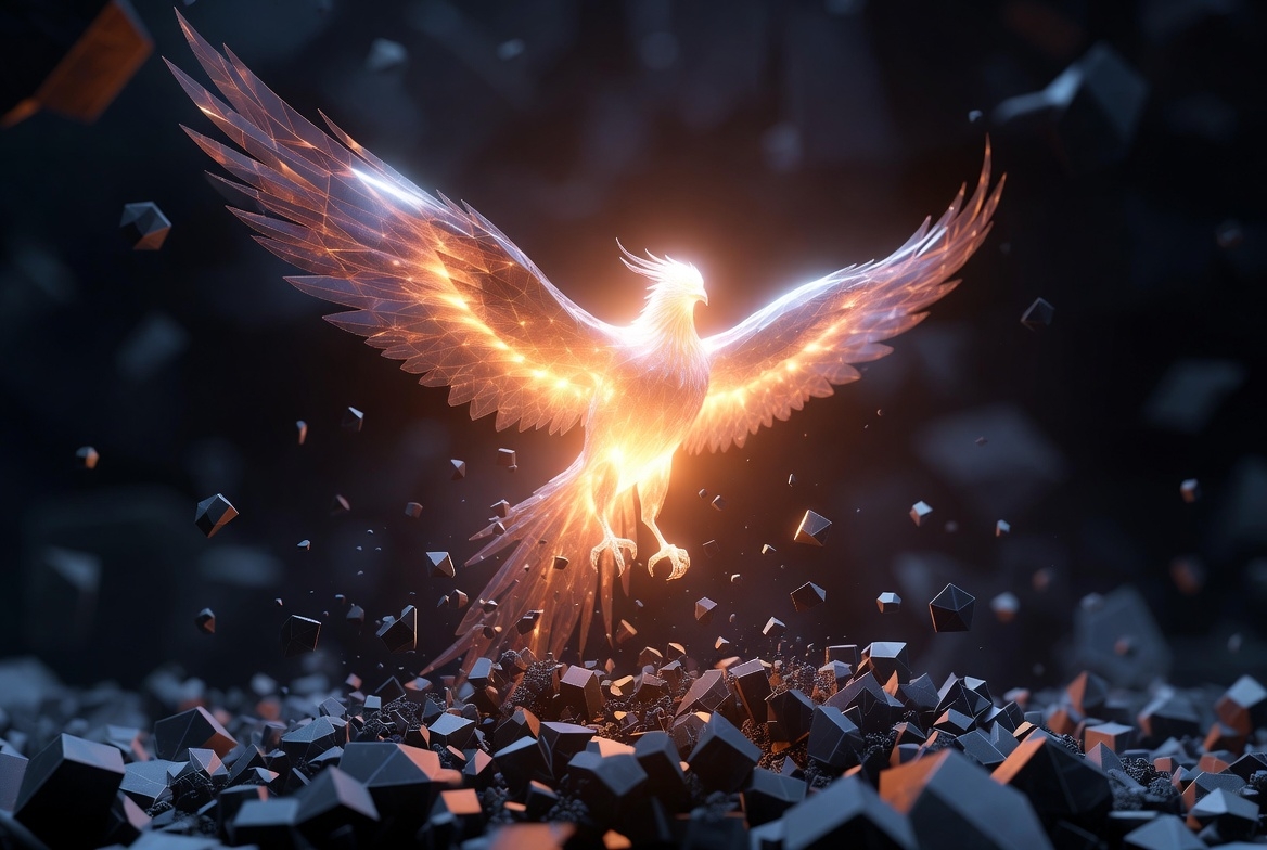 Un fénix luminoso emergiendo de cenizas geométricas, simbolizando el renacimiento cuántico