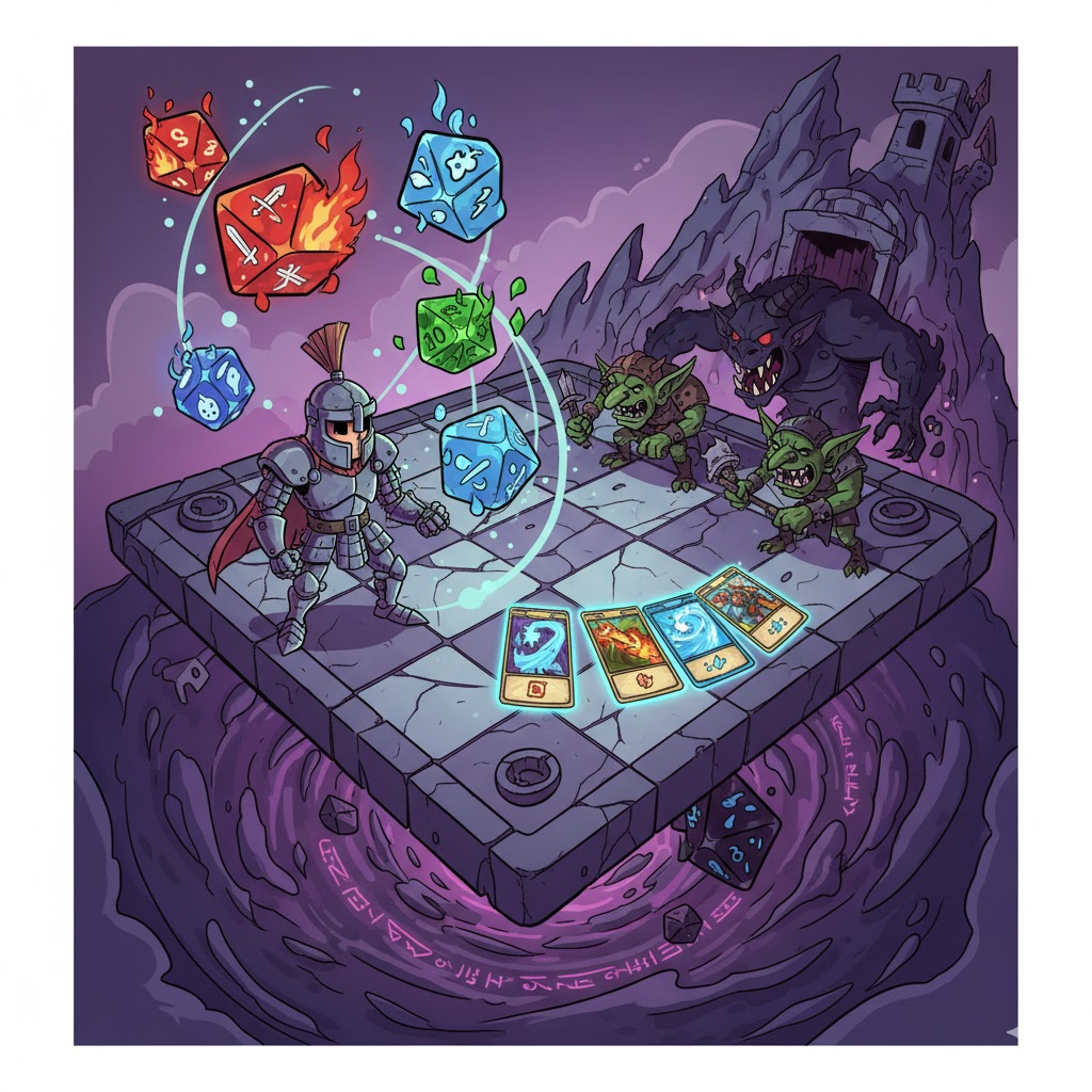 Thumbnail for Dicey Dungeon project, showing stylized dice and a dungeon background